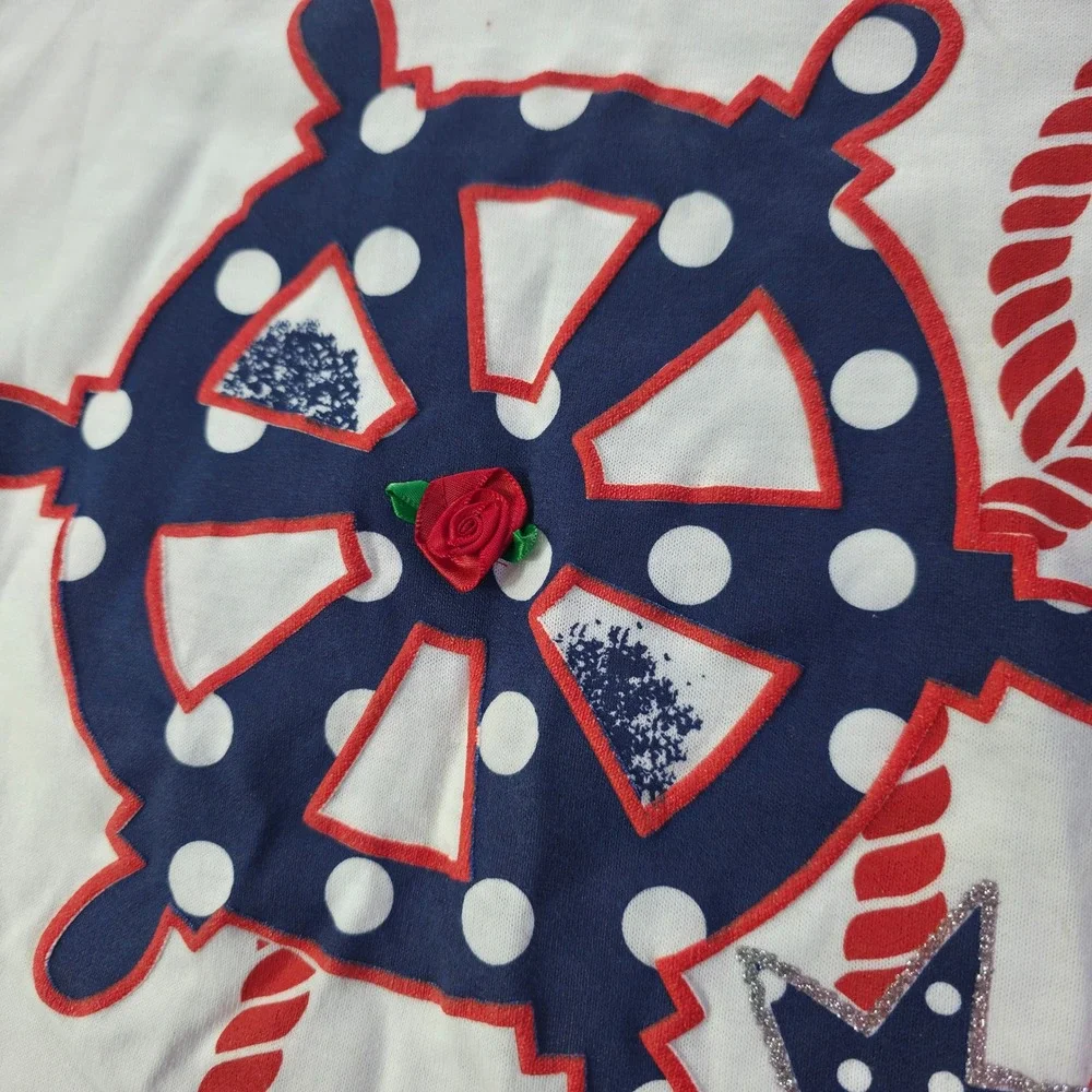 Vintage Knitwaves Kids Nautical Anchor Stars Top Red White Blue Large 34661 NWT